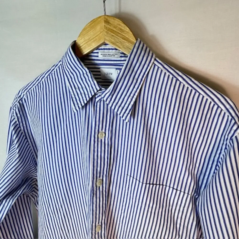 J. Crew Men's Blue White Stripe 2 Ply Cotton LS Button Front Shirt Size M